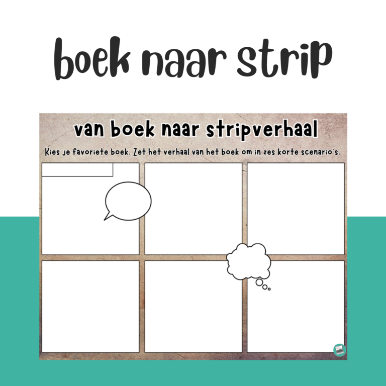 Werkblad waarop kinderen een gelezen verhaal omzetten in een strip met tekeningen en korte teksten. Creatieve activiteit om begrijpend lezen en samenvatten te oefenen tijdens de Kinderboekenweek.